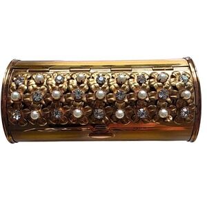 Vintage Brass Gold Tone Trinket Box Rhinestone Pearl Floral Cylinder